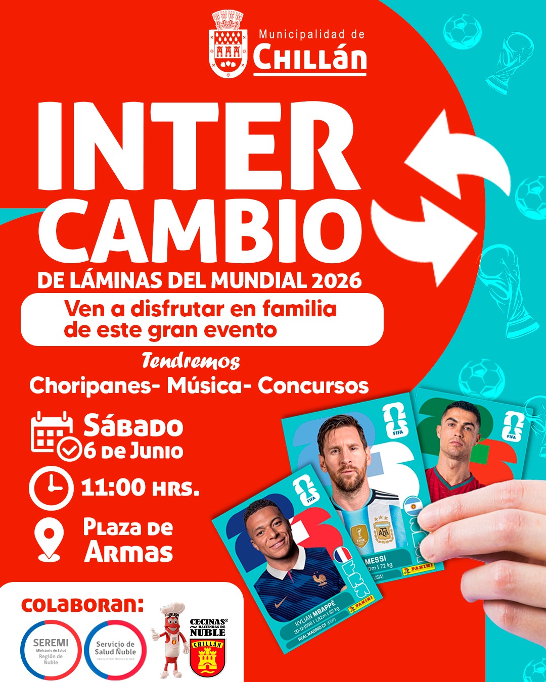 Municipalidad de Chillán invita a jornada de intercambio de láminas del Mundial en la Plaza de Armas.