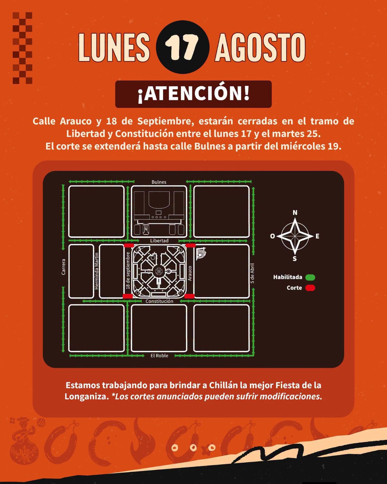 Fiesta de la Longaniza: tránsito modificado en Chillan.