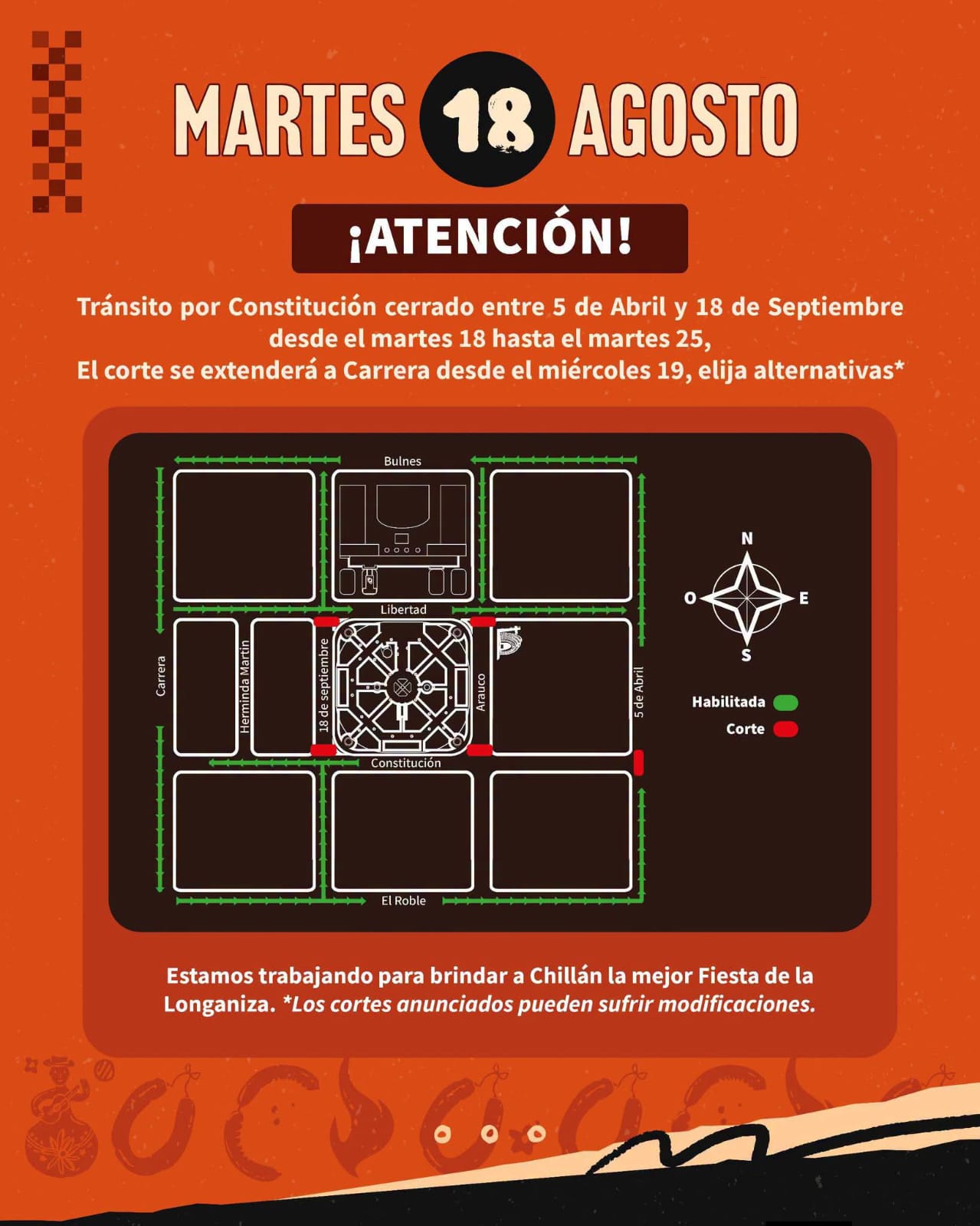 Cambio de transito en Chillan por Fiesta de la Longaniza.